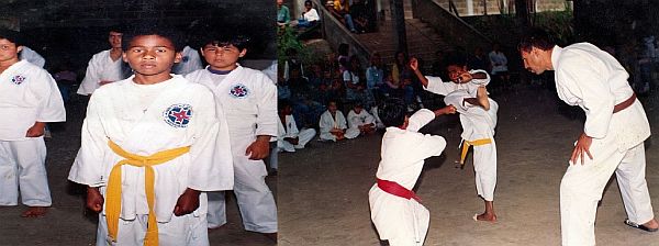 Cerimônia de troca de faixa no Karatê. Fotos tirada na Escola MAMA (Escola Estadual Maria Antonieta Martins de Almeida). André no primeiro plano (foto à esquerda) e em momento de disputa com Cleiton e o árbitro Altair.