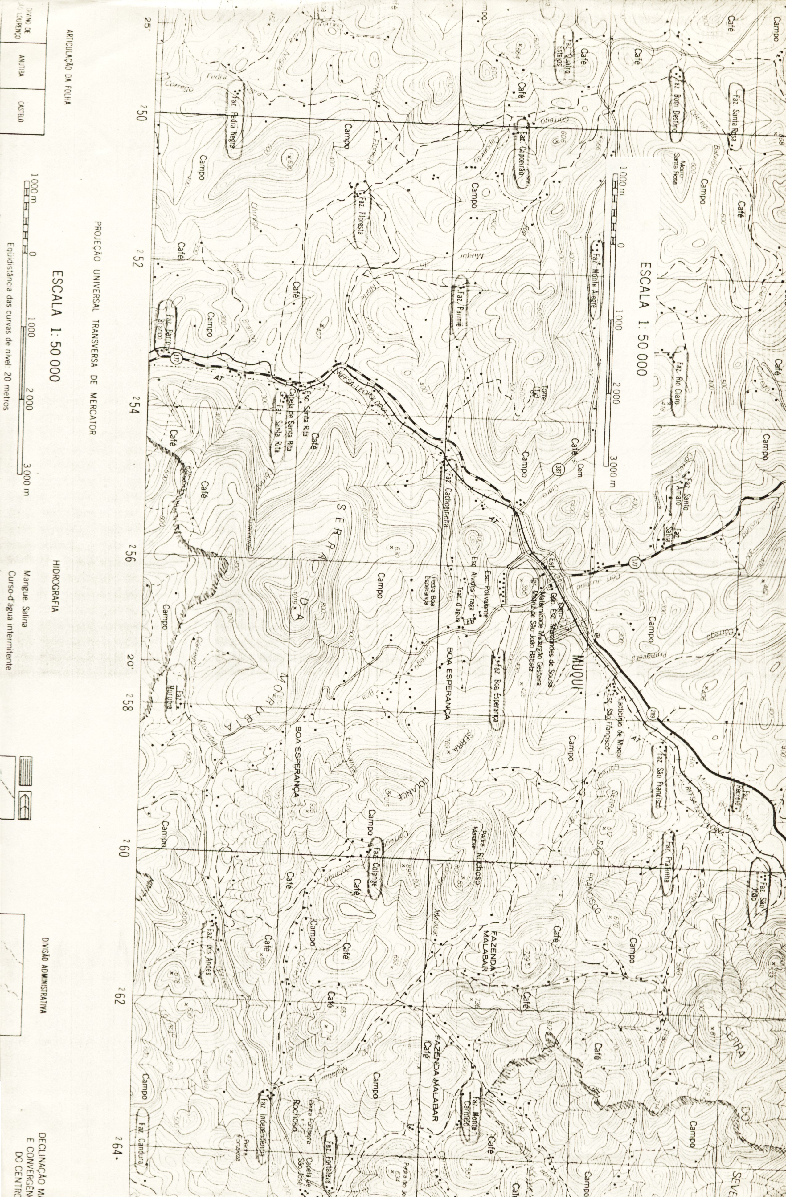Mapa da região de Muqui (ES) onde nasceu o arquiteto José do Nascimento Ribeiro. Região de fazendas de café e também de trem.