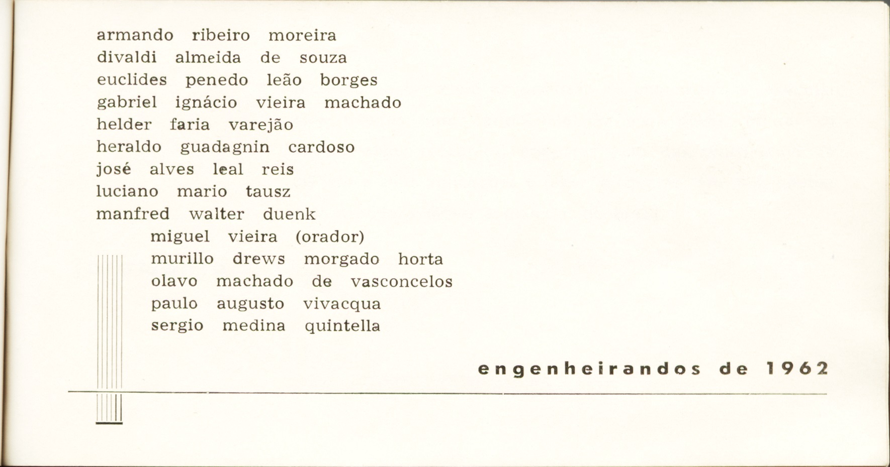 Convite para a Formatura da turma de engenheiros da UFES (Universidade Federal do Espírito Santo). Neste ano, formaram-se outros engenheiros que também trabalharam na Cia. Vale do Rio Doce: Gabriel Ignácio Vieira de Machado, Euclides Leão Borges, Miguel Vieira, Paulo Augusto Vivacqua e Luciano Mário Tausz.