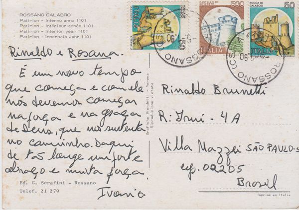 Cartão-postal enviado a Rosana por Ivônio, amigo seminarista, por ocasião da viagem do amigo para a Itália.
