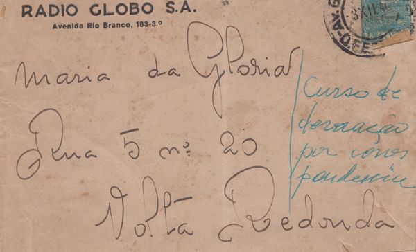 Correspondência enviada a Maria da Glória pela Rádio Globo, a respeito do curso 