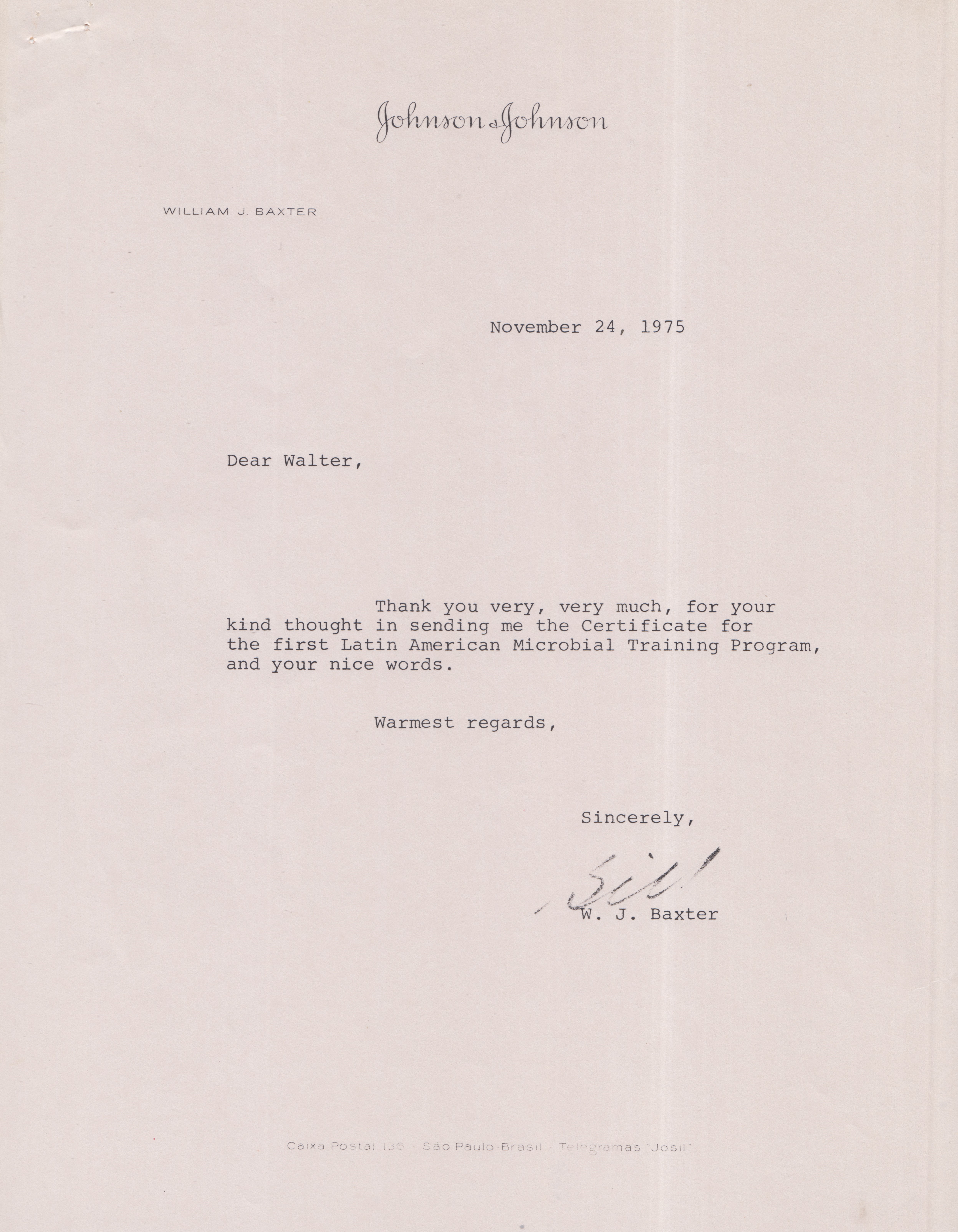 W. J. Baxter agradece a Walter Pohl pelo recebimento do certificado do primeiro Latin American Microbial Training Program.