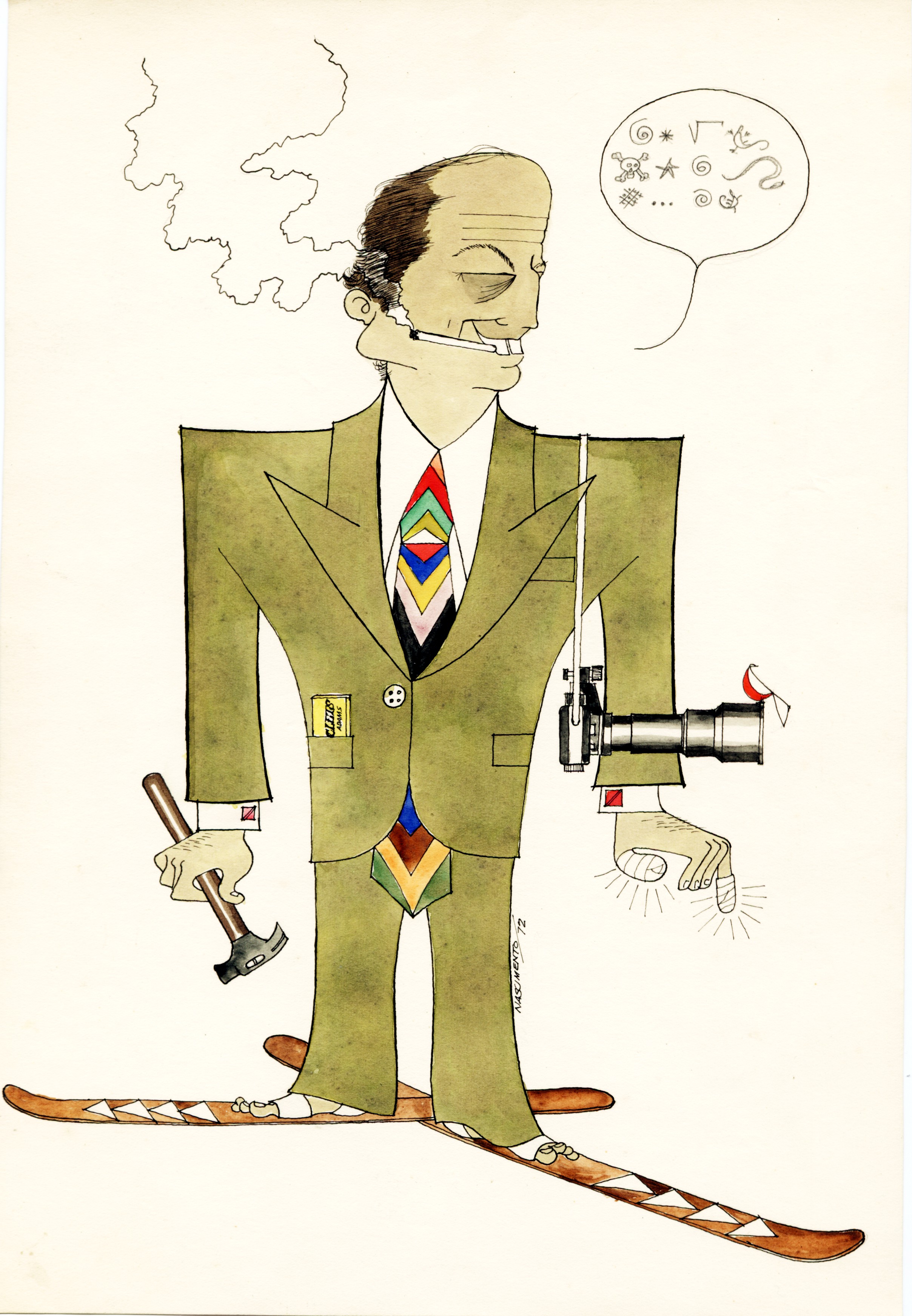 Caricatura de Mário da Costa Braga. Representa as múltiplas atividades dele: marceneiro, esquiador e fotógrafo.