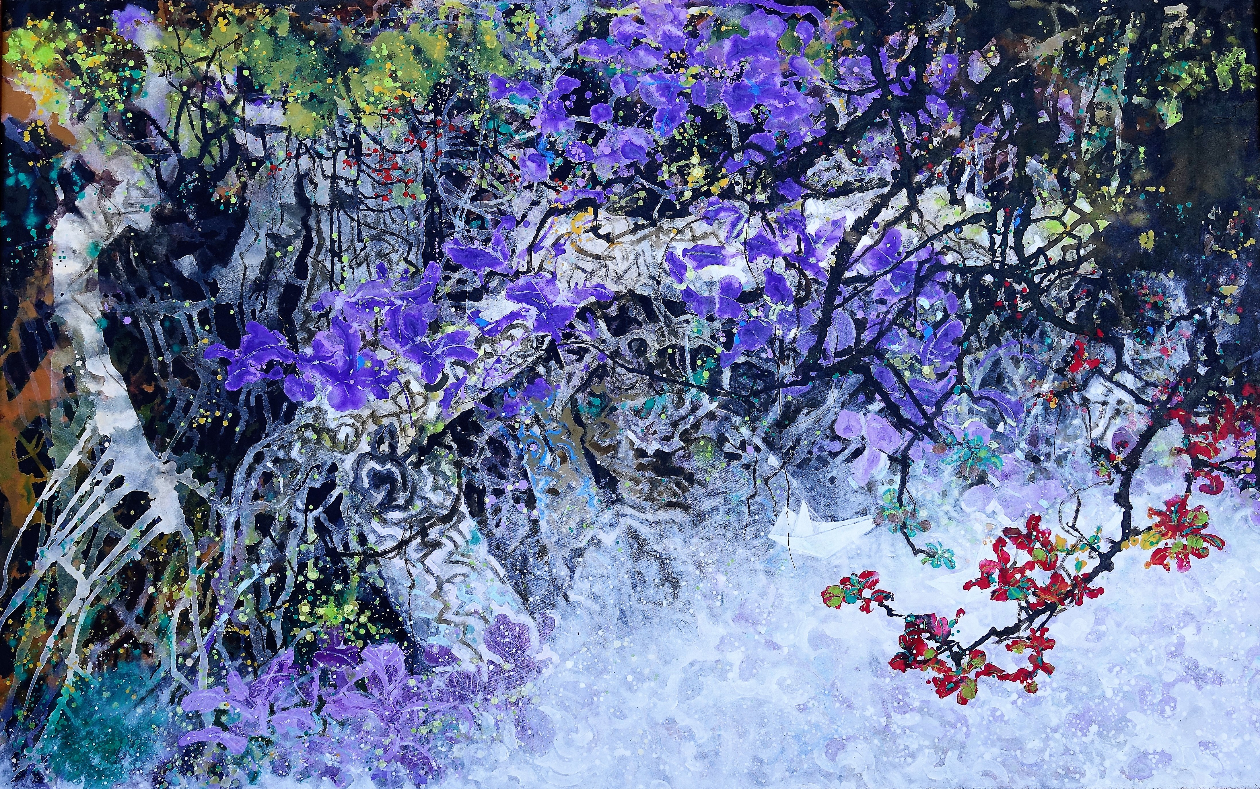 Uma de suas obras mais novas e grandes. Tem a ver com suas memórias de infância - um riacho com cipós e troncos. Há 2 barquinhos de papel escondidos, perto das folhas vermelhas.
Exposição no Brasil com as mesmas obras que foram expostas na Expo China 2018. Foram exibidas no Museu de Arte Contemporânea de Goiânia (GO).
Entre as obras, apresentou desenhos, gravuras, instalações e esculturas também.