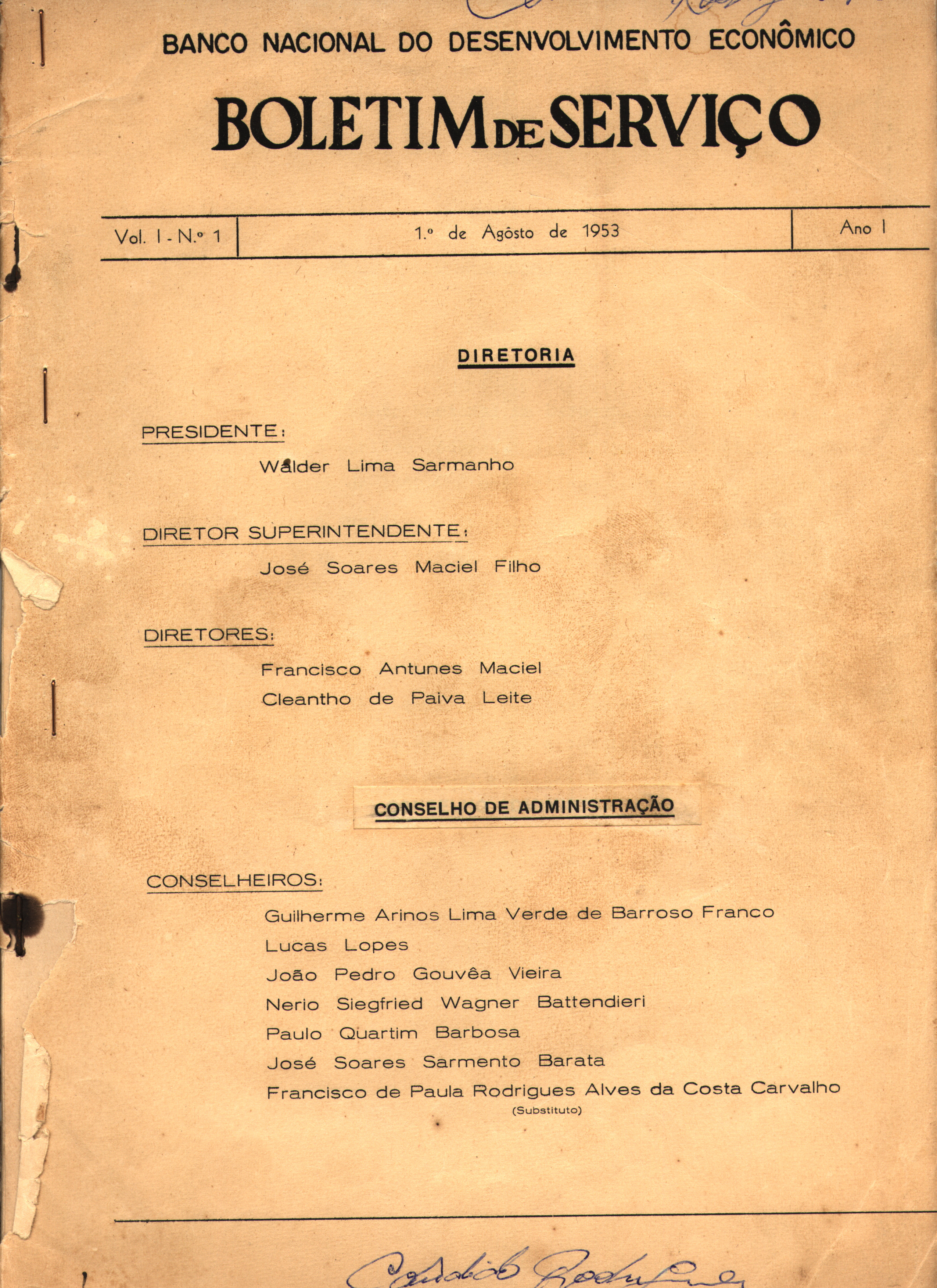 Capa do primeiro Boletim de Serviço do BNDES no qual consta o primeiro quadro de funcionários com seus dados e salários. Esse boletim substituía o edital do Diário Oficial.