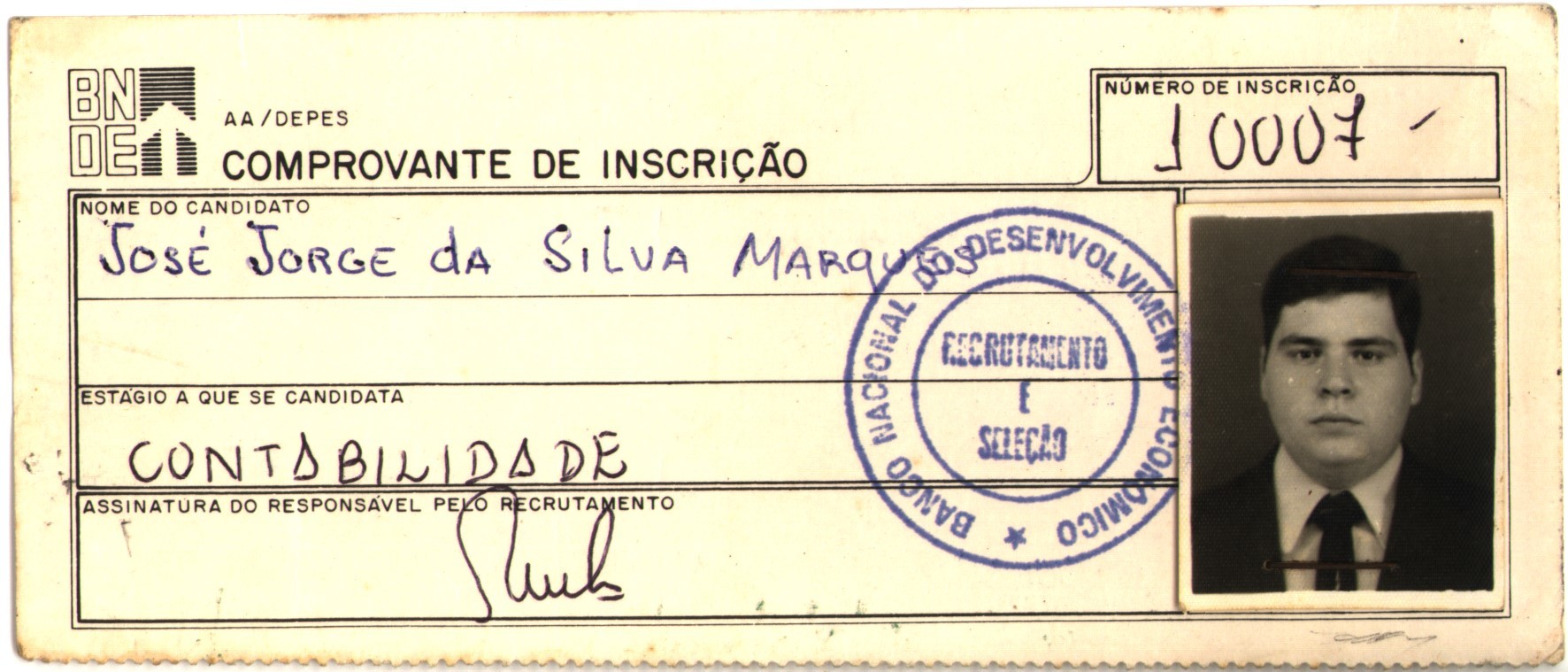 Comprovante de inscrição da seleção pública de estagiários para o BNDES. José Jorge foi o primeiro colocado no concurso de 1978 e ingressou no banco no primeiro dia de maio do mesmo ano.