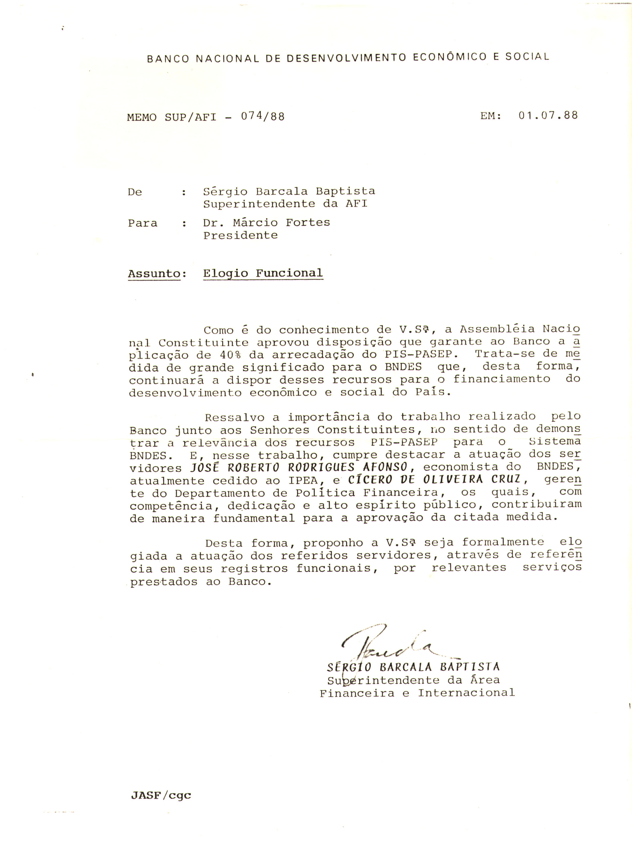 Proposta de elogio do superintendente para o presidente Márcio Fortes.