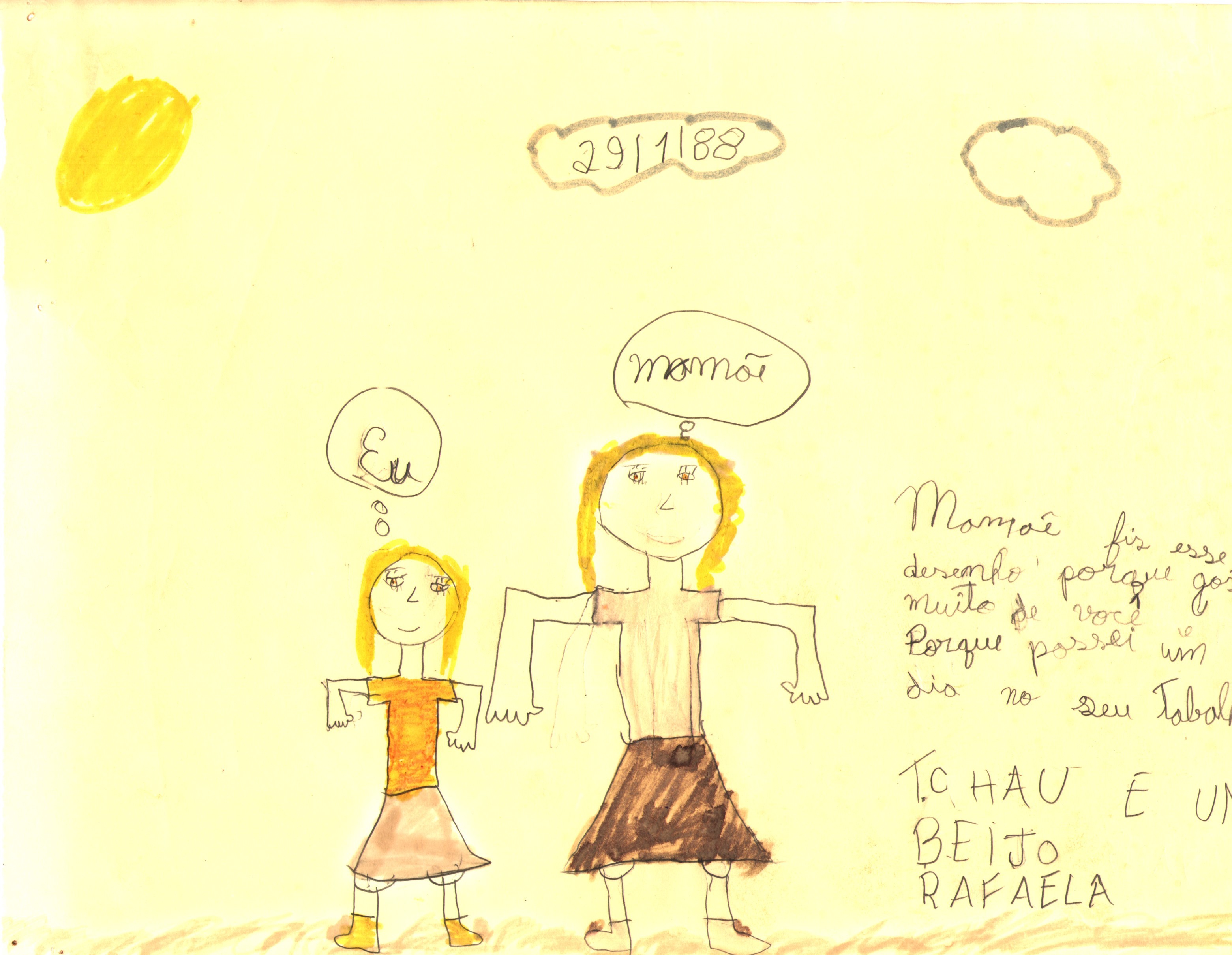 Desenho realizado por Rafaela, filha de Maria Lúcia, ao visitar a mãe no trabalho. Nas férias escolares, os funcionários do BNDES tinham o costume de levar os filhos ao trabalho e, no final do ano, faziam a 