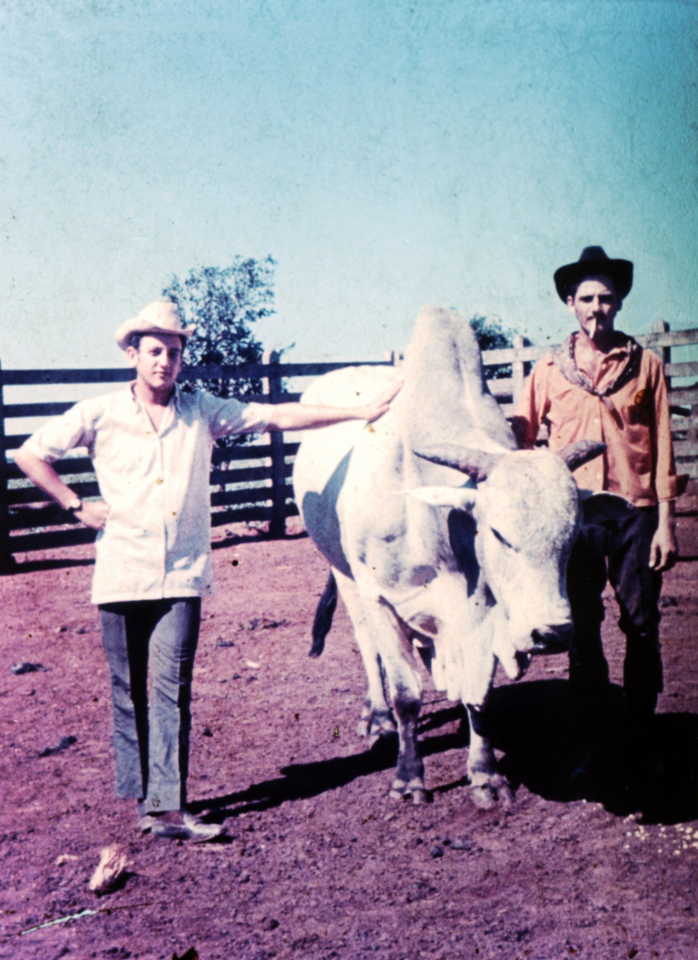 Evauri e o primo Noel Martins Morais, administrador da fazenda, ao lado do boi chacado, no curral da fazenda Barreiro de Lima em Paranaíba.