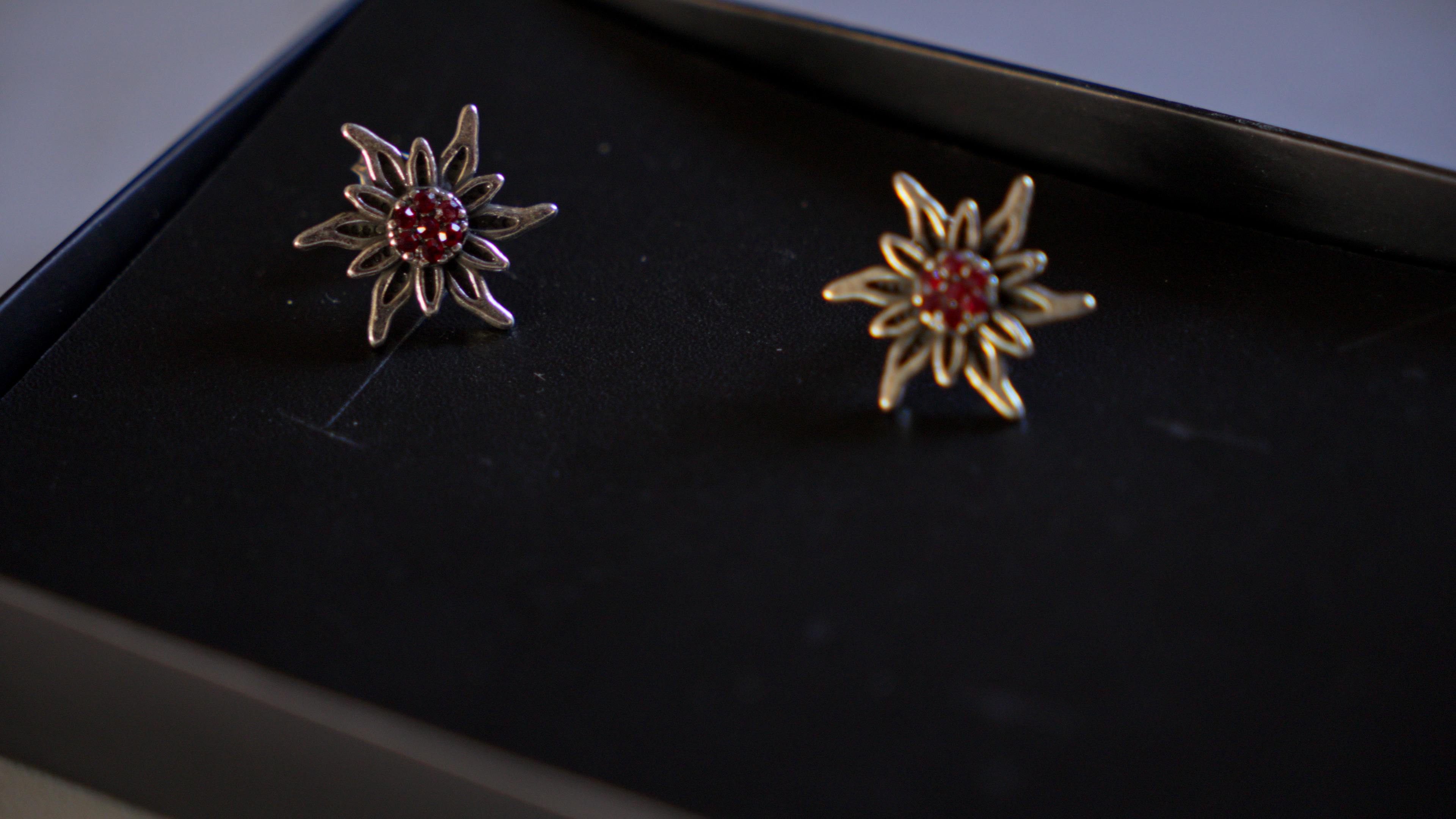Brincos que compõe o traje Miesbach, com o qual Nínive dança no grupo Bergfreunde do Campinho.  O formato do brinco remete à flor de Edelweiss.