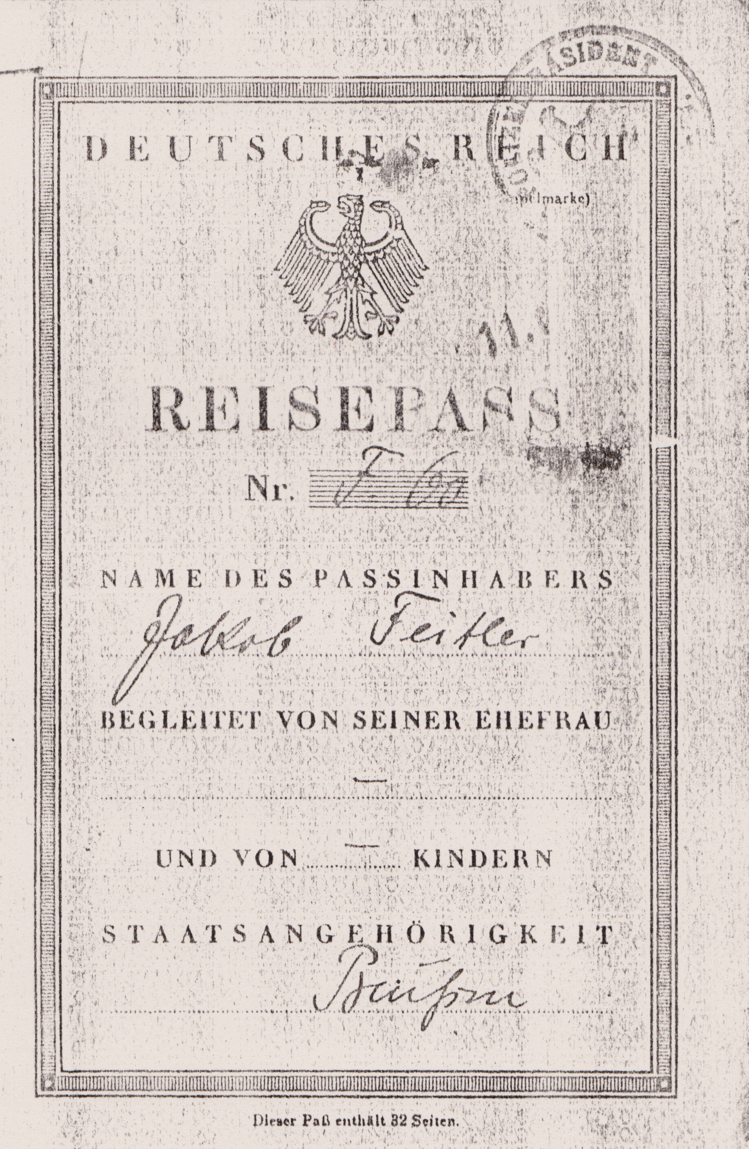 Passaporte de Jacob Feitler emitido em 1932, contém vários vistos: Suíça - 1934/1935/1936; Itália - 1937; Brasil 1937.