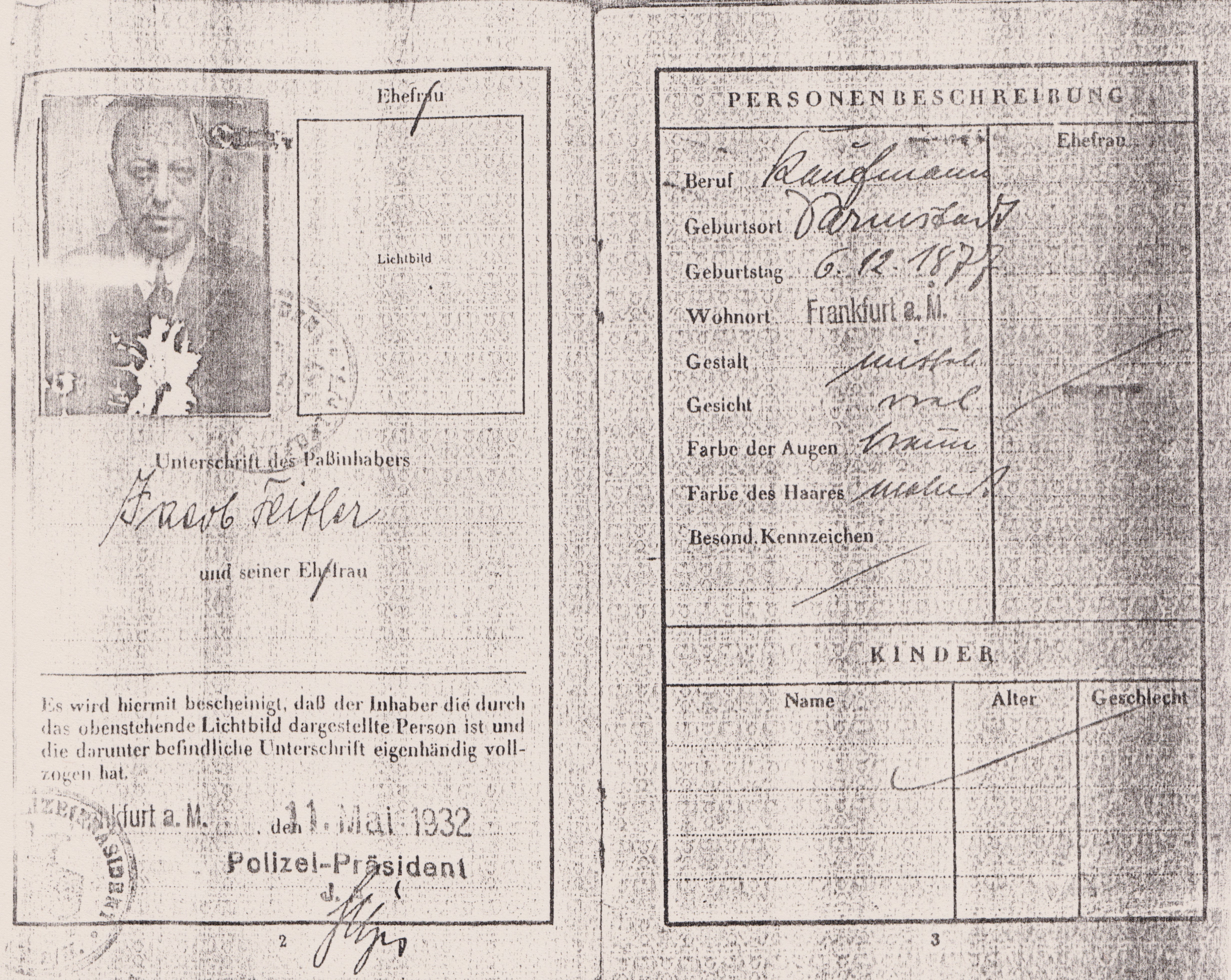 Passaporte de Jacob Feitler emitido em 1932, contém vários vistos: Suíça - 1934/1935/1936; Itália - 1937; Brasil 1937.