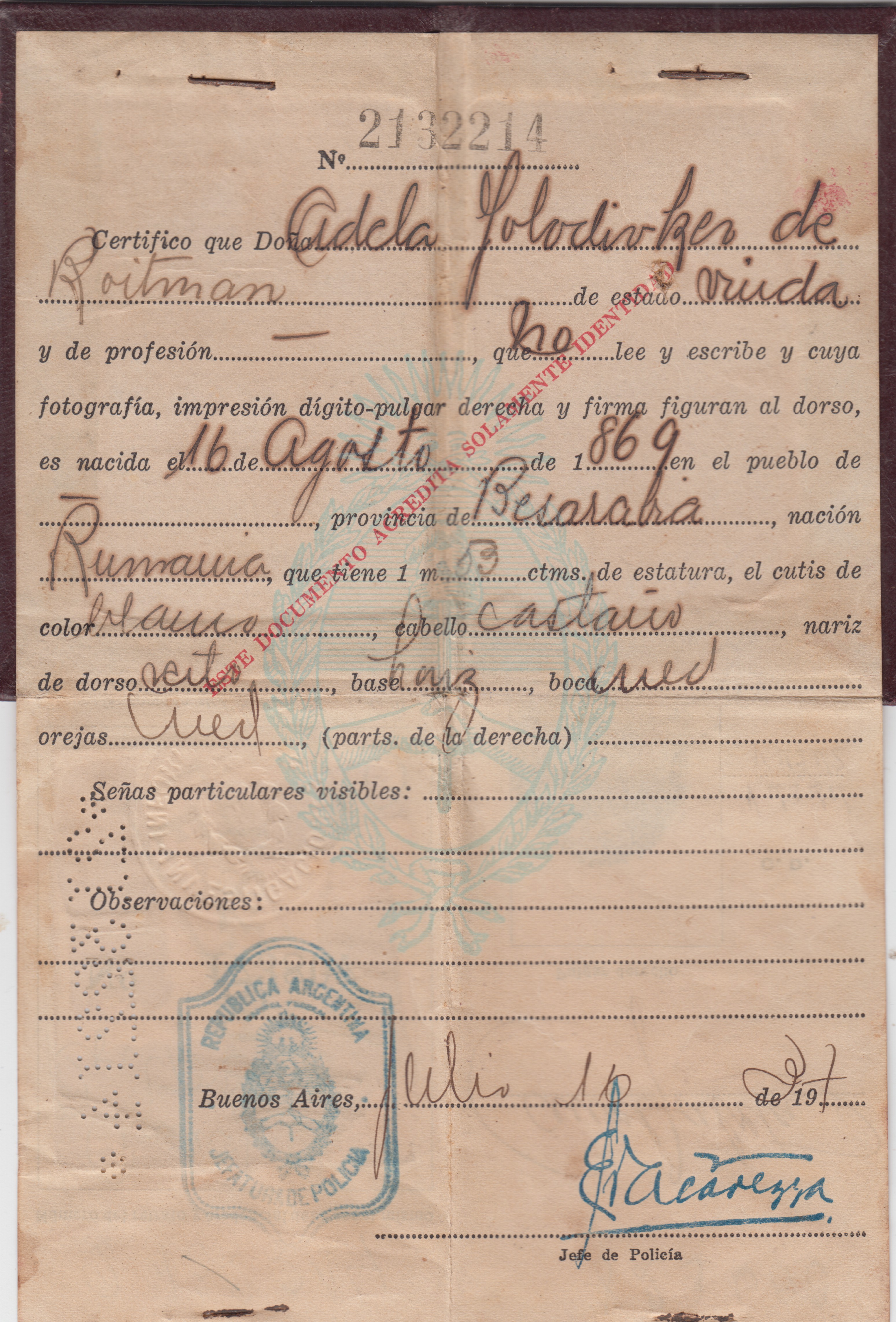 Cédula de identidade de Adela G. Roitman, mãe de Benjamin Roitman. Na década de 1920, parte da família (filhos e marido) emigraram para o Brasil e a Argentina.