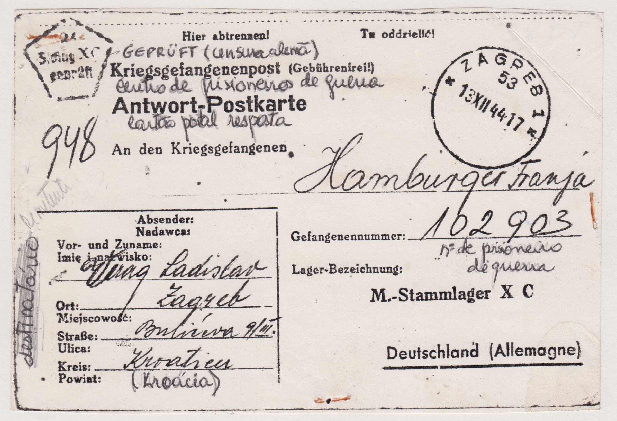 Carta-resposta. Franja Hamburguer, prisioneiro de guerra, escreve para o amigo Ladislav que havia morrido e Franja não sabia. Diz na carta. 