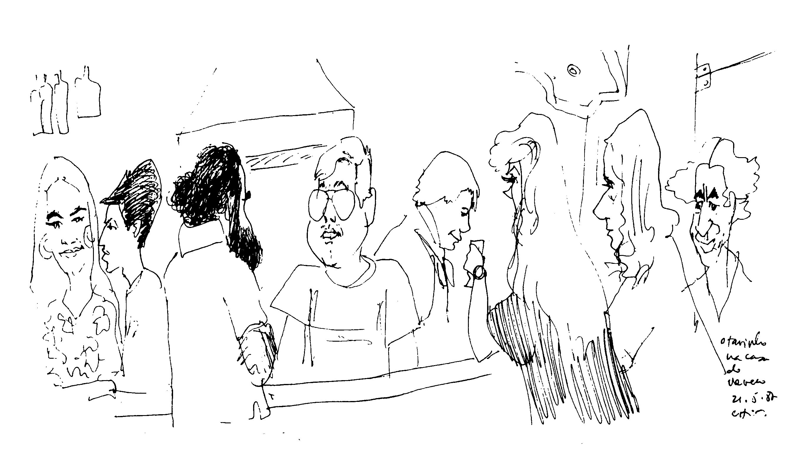 Cartoon feito por Chico Caruso num almoço em sua homenagem, oferecido por Veveco, que além de arquiteto é chef de cozinha. Estão caricaturados: Mariza (esposa de Veveco), Cláudio Paiva (cartunista do Rio de Janeiro), Mariano (também cartunista), Fernando Brant, Veveco, Silvana Guedes, Beto Guedes e Tavinho Moura.