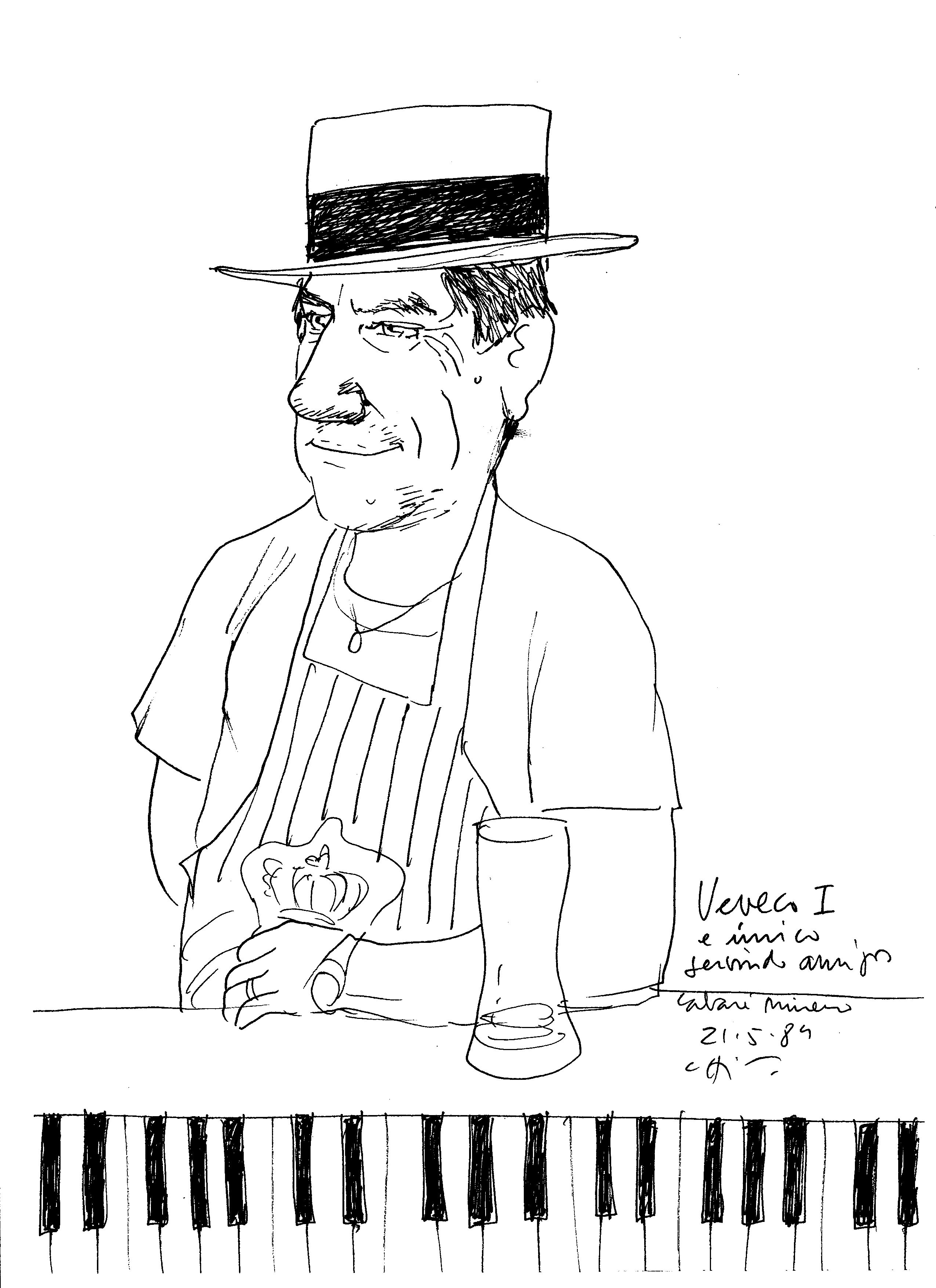 Caricatura de Veveco Hardy feita por Chico Caruso, na ocasião de um almoço que o Clube da Esquina, representado pelo Chef e arquiteto, ofereceu à banda dos irmãos Caruso “Muda Tancredo Jazz Ban.
