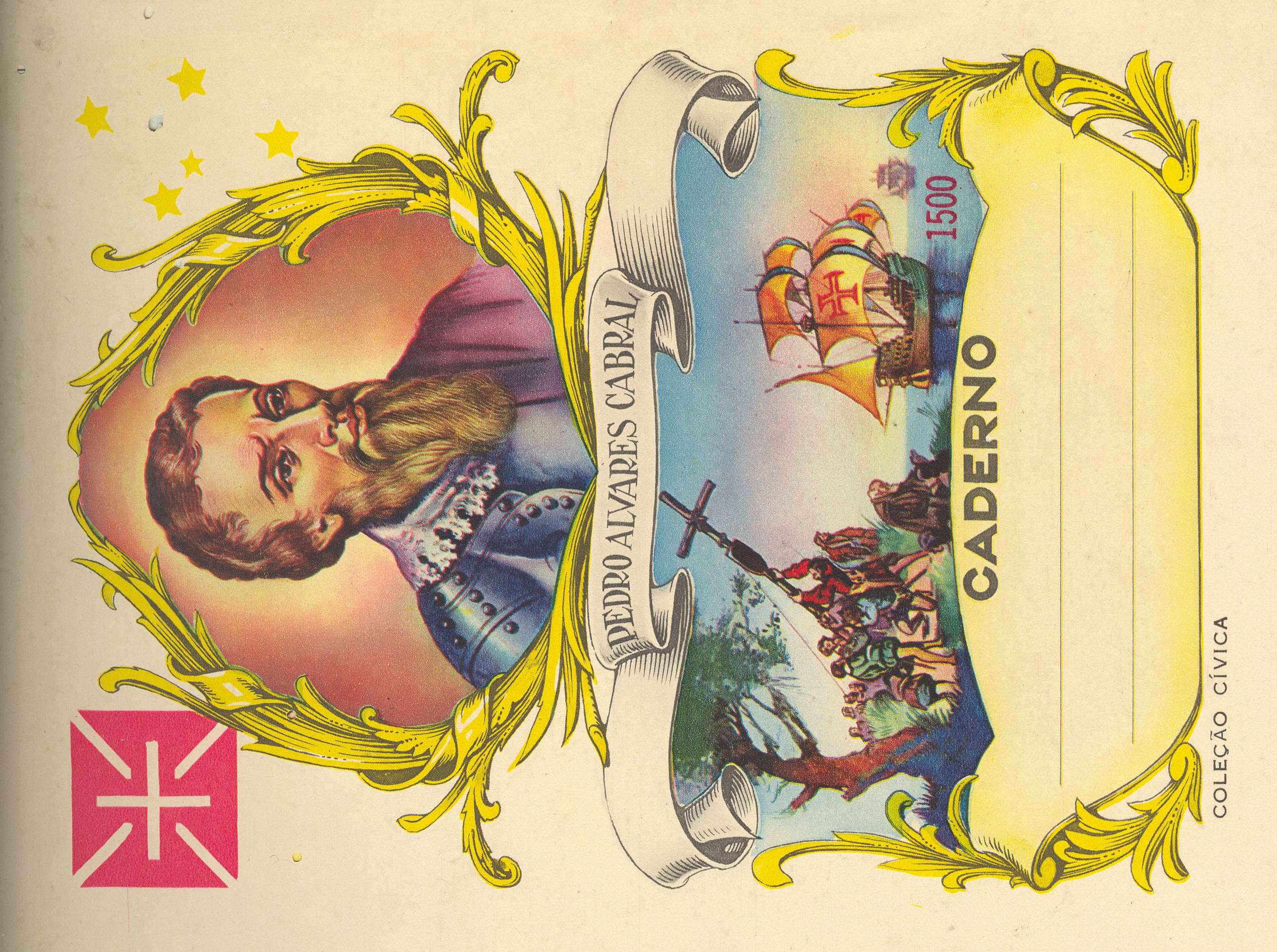Capa de caderno da Casa Cruz, com imagem de Pedro Álvares Cabral, parte da Coleção Cívica.
