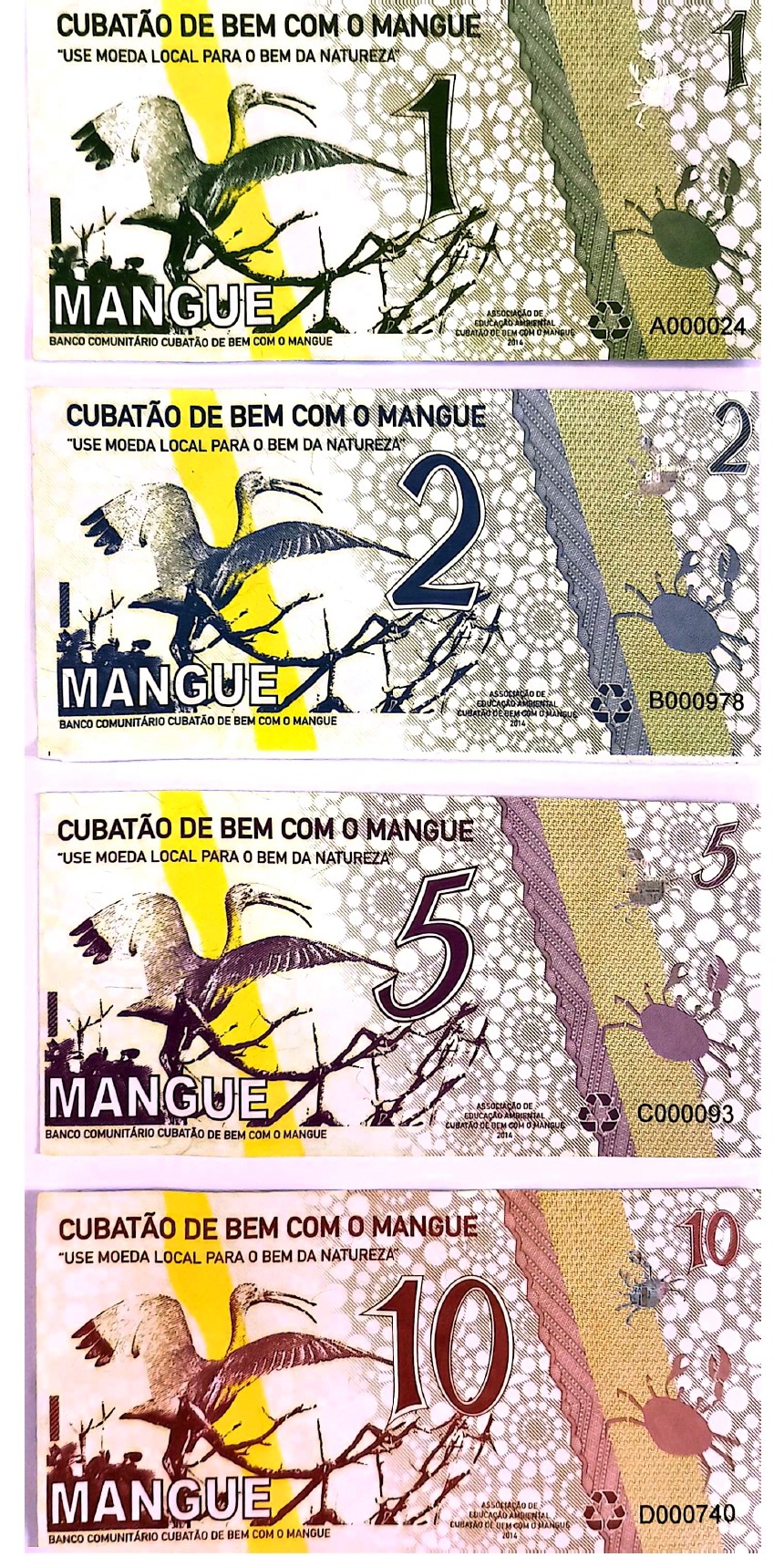 Representação gráfica alusiva ao manguezal, com destaque para raízes e fauna típica. Nome da moeda local “Mangue”, em caracteres visíveis na parte superior. Criada em 2011 pela associação de educação ambiental, como iniciativa comunitária para incentivar práticas de reciclagem e valorização do território.  A frente da moeda reforça a identidade ambiental e cultural da comunidade, remetendo ao espaço natural do mangue e à importância de sua preservação.
