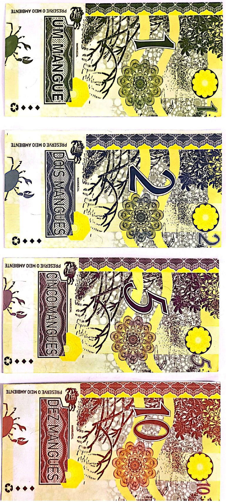 Indicação do valor correspondente (uma das quatro moedas emitidas), acompanhado de símbolos gráficos que remetem ao ato de reciclar. Frases ou marcas alusivas ao incentivo comunitário, como referência ao uso de material reciclável para aquisição da moeda. O verso evidencia a função pedagógica e econômica da moeda, vinculada ao combate ao lixo no mangue e à reeducação ambiental da comunidade. Representa o esforço coletivo de Zumbi, Miúdo e demais integrantes da associação em transformar resíduos em valor social, fortalecendo a consciência ecológica.