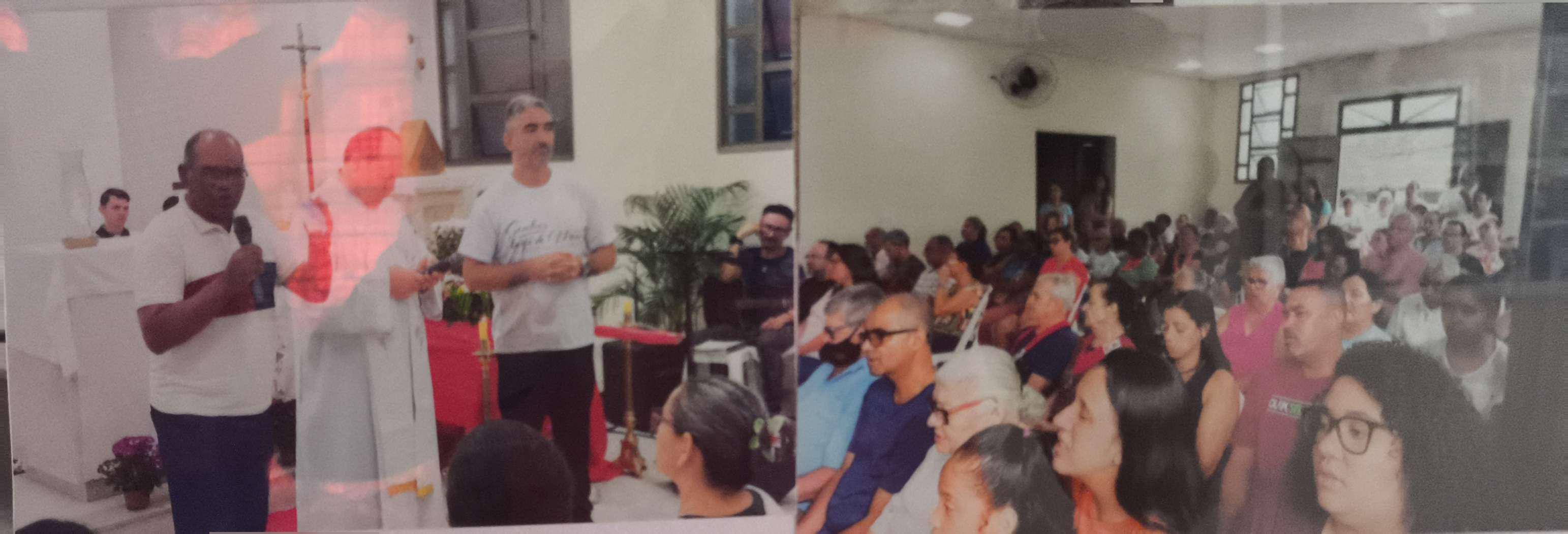 Interior da Igreja da Divina Misericórdia durante a missa de abertura da reforma concluída. À direita, o diácono, o Padre Eniroque e o engenheiro da obra, Giba; à esquerda, a igreja lotada, com os filhos de Edite nas primeiras fileiras. Um momento de celebração e gratidão pela conquista coletiva.