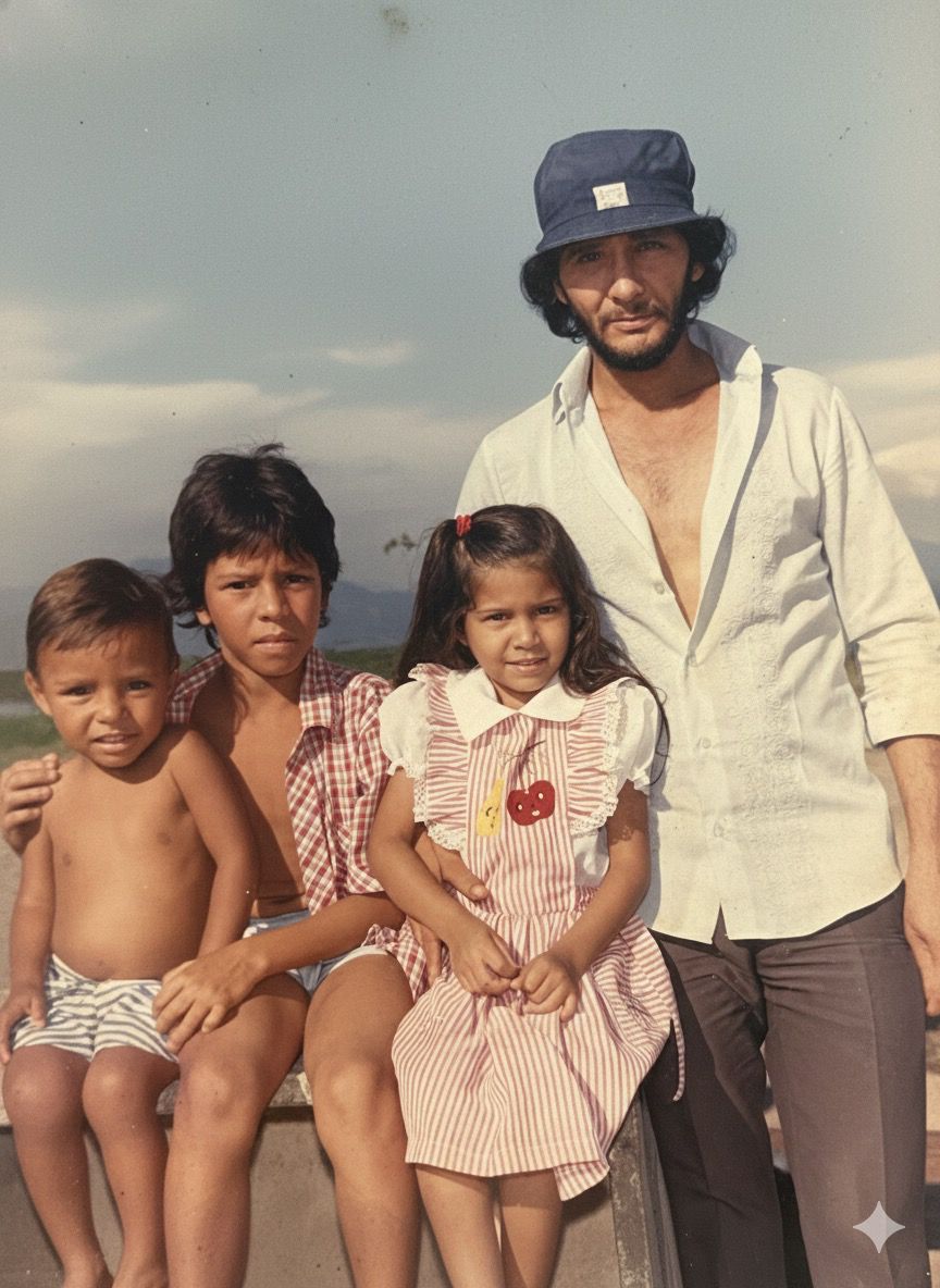 Registro familiar realizado na Vila Parisi, em Cubatão, reunindo André Carlos da Silva, pai de Patrícia, os filhos Patrícia e Fábio de Oliveira Reis, além de Gilson, amigo da família. A fotografia assume caráter singular por ser um dos poucos registros de Patrícia com o pai, que foi assassinado quando ela tinha cerca de 12 anos. A imagem preserva um momento de convivência cotidiana antes de uma ruptura definitiva na história familiar.