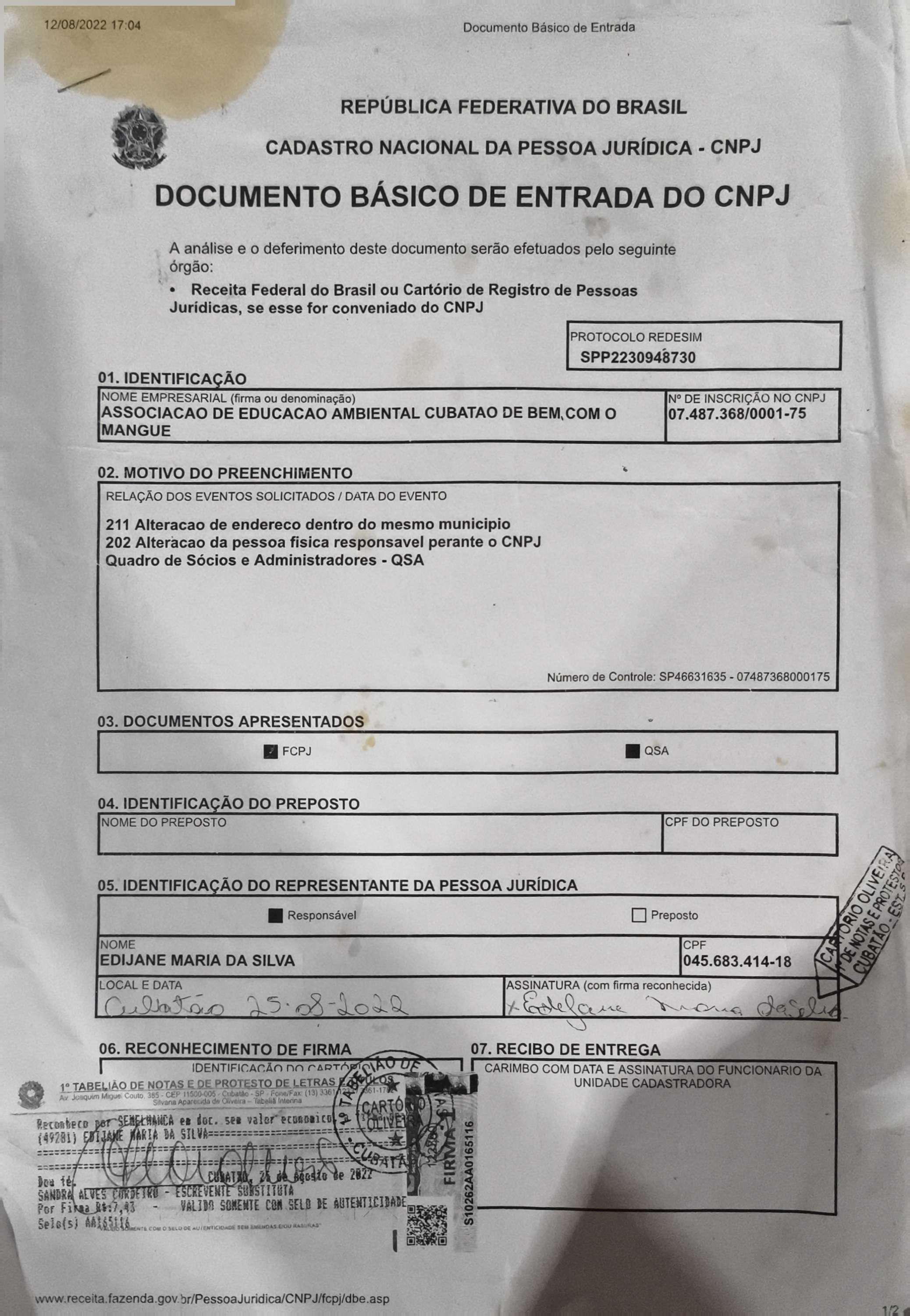 Documento de natureza institucional referente ao registro básico de entrada do CNPJ da Associação de Educação Ambiental Cubatão De Bem com o Mangue, emitido em nome de Edjane Maria da Silva. Este registro formaliza o início administrativo da organização, marco essencial para o fortalecimento das ações socioambientais no território. Trata-se de documento fundamental para compreender os primeiros passos jurídicos da iniciativa, garantindo legitimidade e possibilitando sua atuação junto à comunidade.