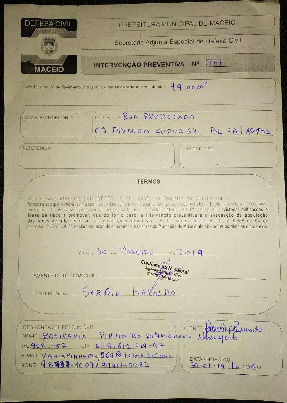Documento de intervenção preventiva onde é decretado a retirada de Ricardo e sua família de sua casa.