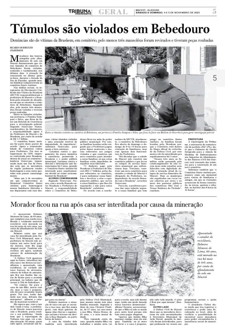 José Balbino na reportagem do Jornal Tribuna Independente sobre túmulos violados no Cemitério Santo Antônio.