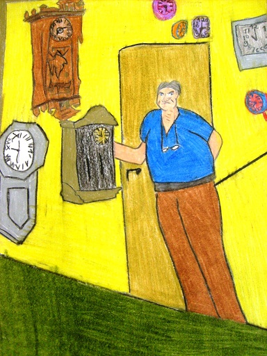 historia: Depoente na sala junto aos relógios.<br>