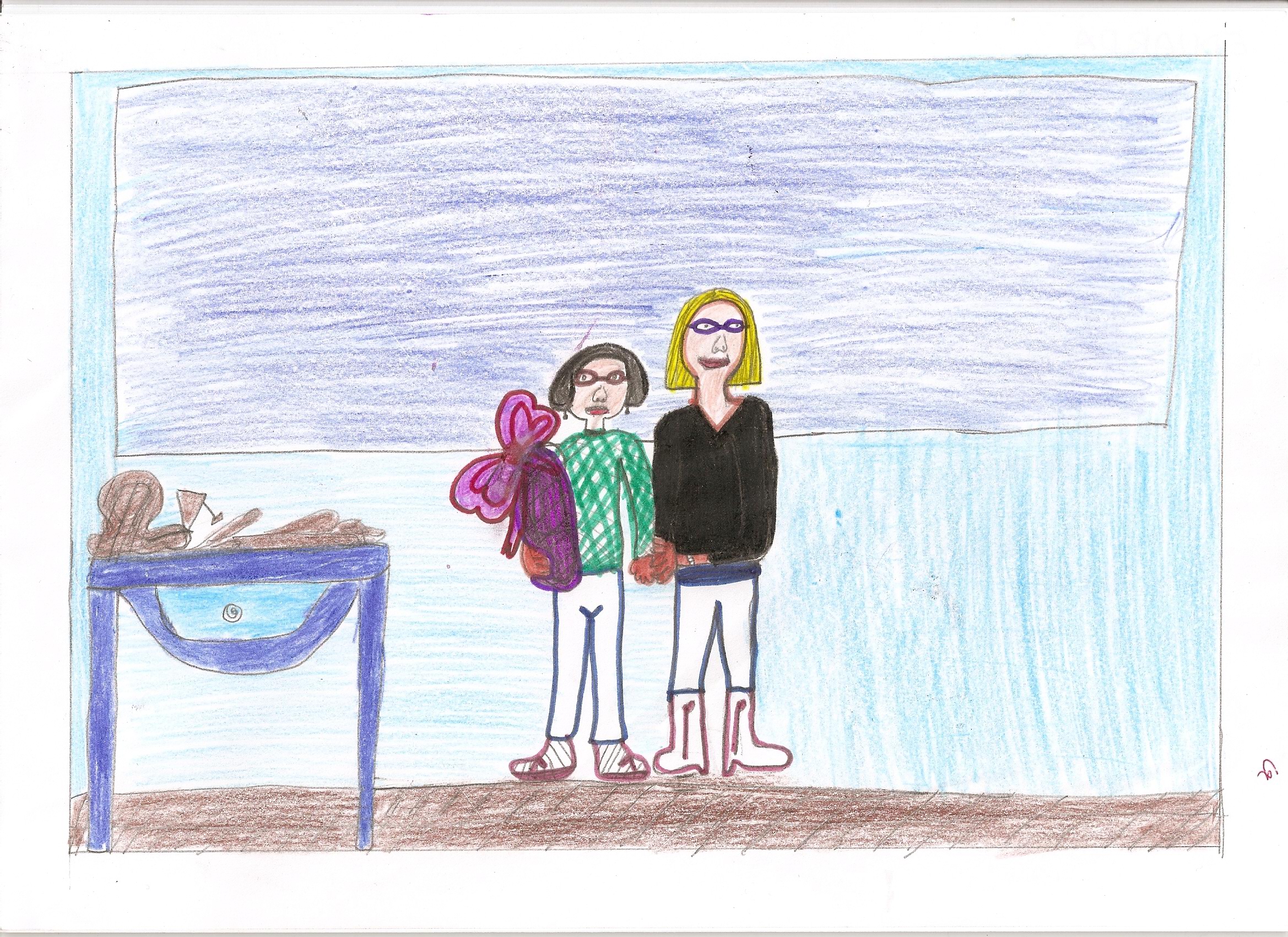 historia: Foi registrado através do desenho, o momento em que Dona Marlene recebeu uma lembrancinha dos alunos e posava para foto com a Professora Serli.<br>