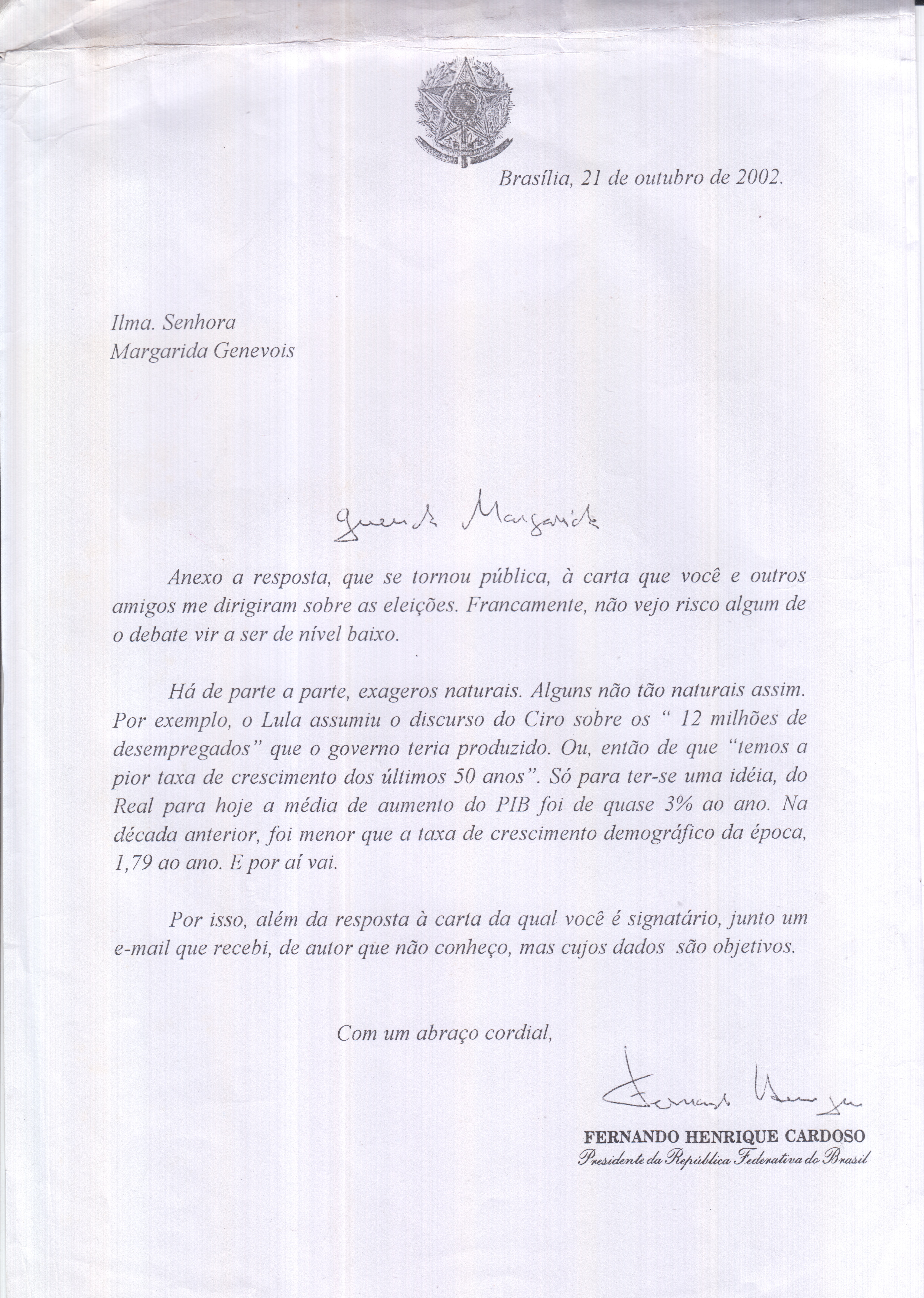 Carta do Fernando Henrique Cardoso, então presidente, para Margarida, em resposta à carta que ela havia enviado sobre as eleições.