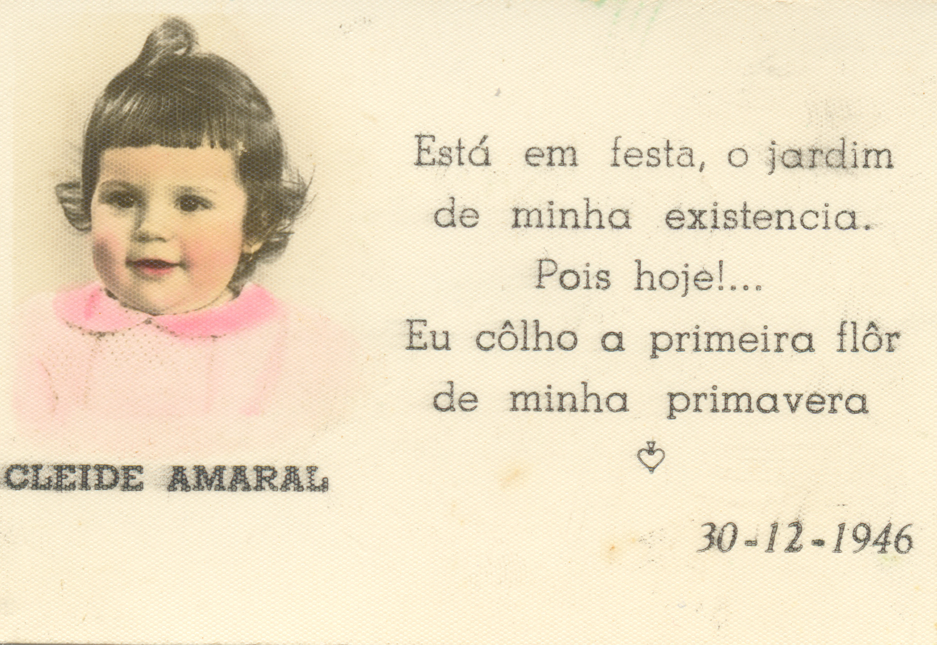 Cartão de comemoração de um ano de Cleide.