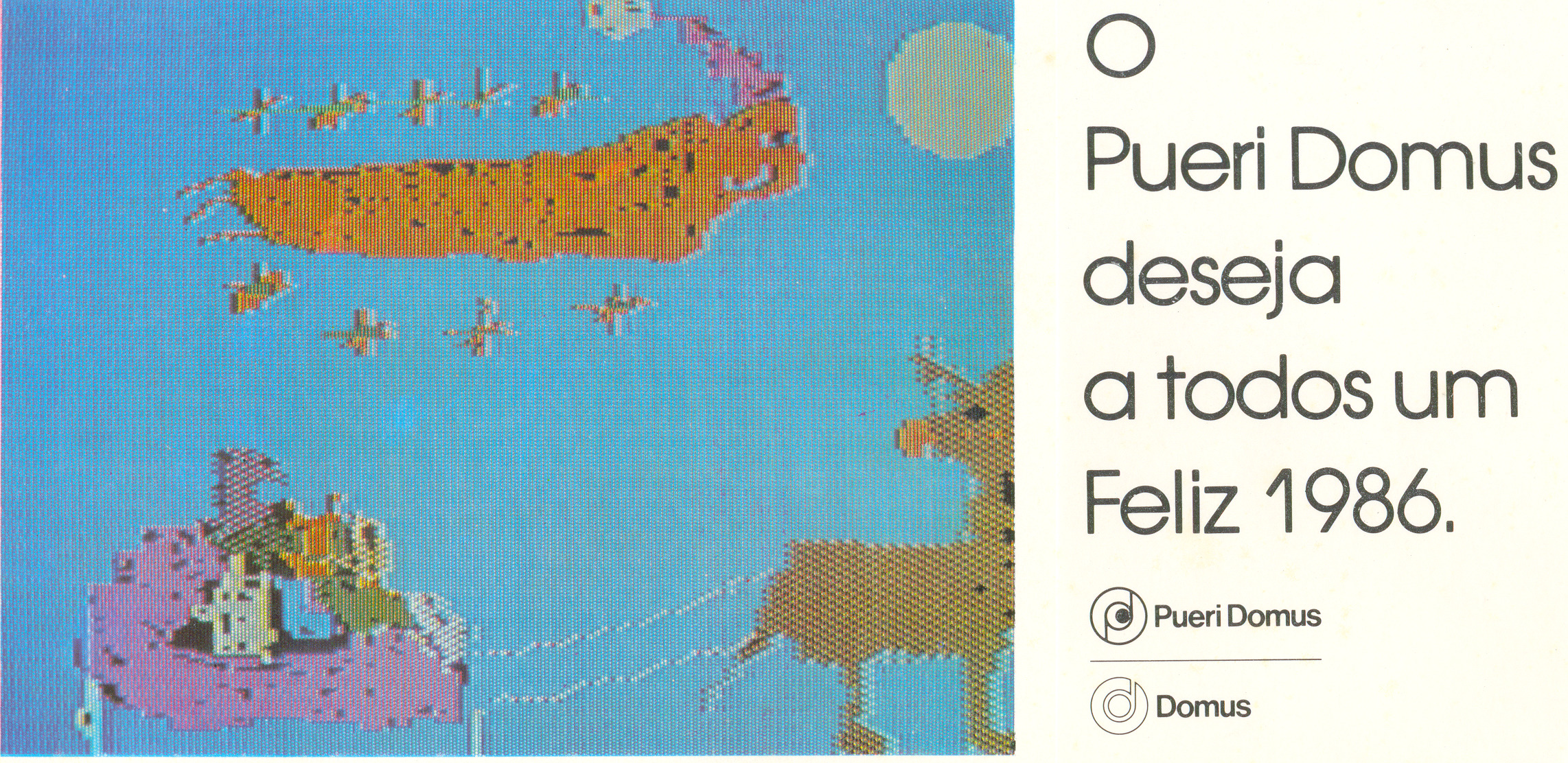 Cartão de Ano Novo com desenho feito por alunos em computadores do Pueri Domus.