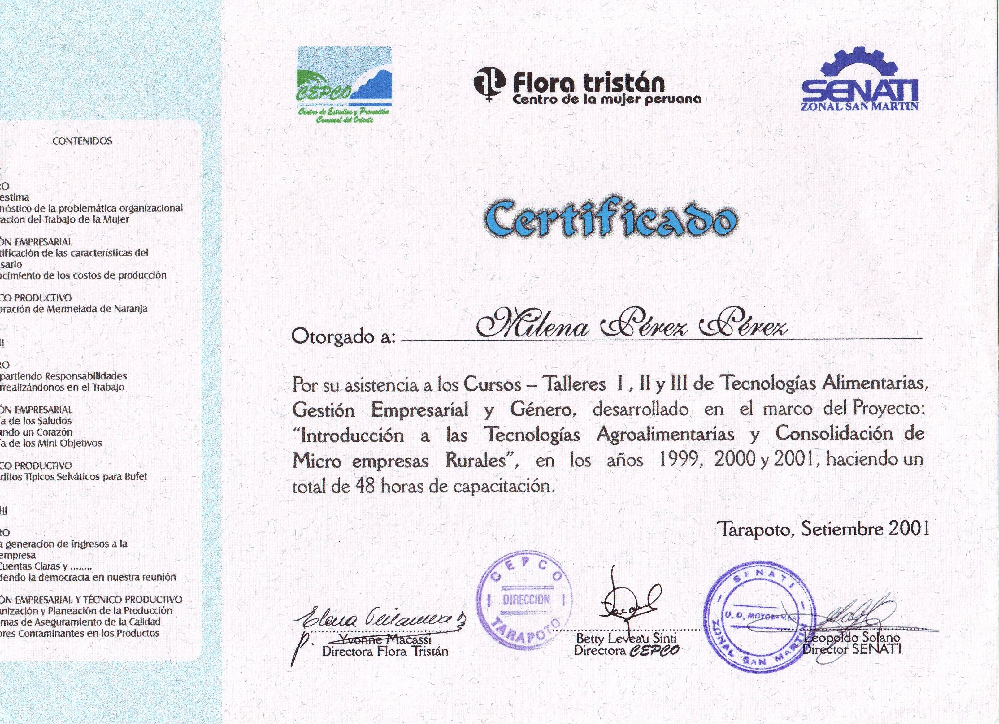 Certificado do curso de Tecnologias Alimentares e Gênero nos anos de 1999, 2000 e 2001