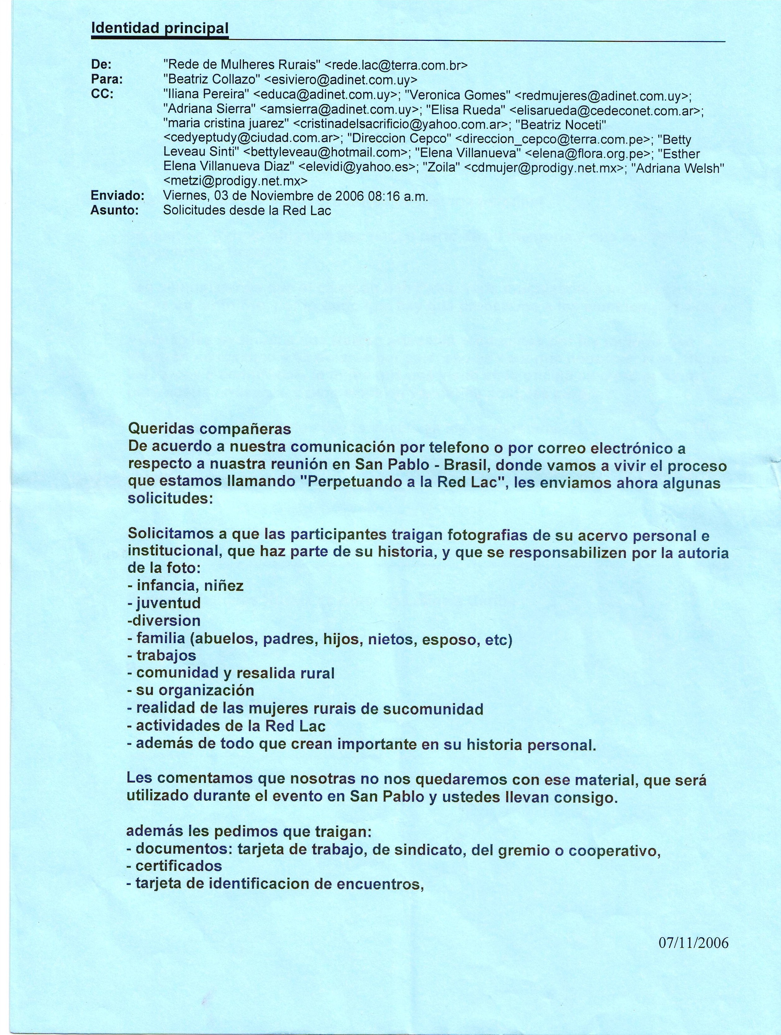 Cópia do e-mail utilizado para solicitar às integrantes do projeto Uma história muito linda que enviassem as fotos de sua trajetória de vida para ilustrar o livro