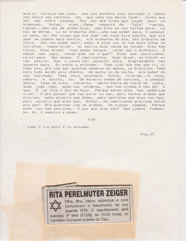 Na última página da transcrição da história da Sra. Rita havia um recorte de obituário de jornal notificando o falecimento dela no dia 21/08.