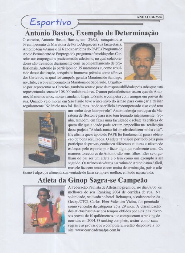 Matéria sobre Antonio Barros de Bastos publicada no Boletim dos Correios por ocasião da segunda vitória do corredor na sua faixa etária, na Maratona de Porto Alegre.