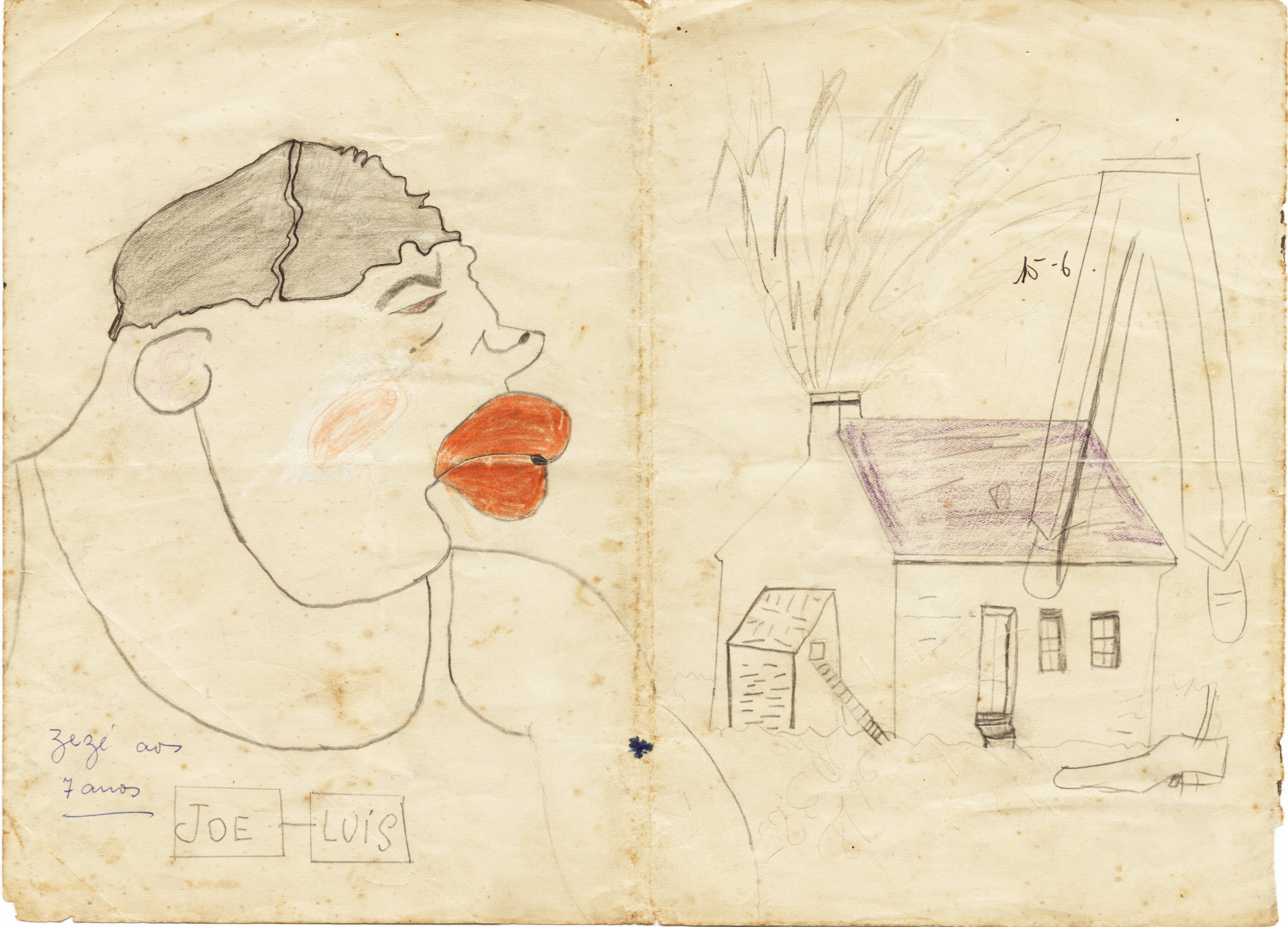 Caricatura de Joe Louis, famoso pugilista dos anos de 1930, e ao lado, o primeiro projeto de casa do arquiteto José do Nascimento Ribeiro.