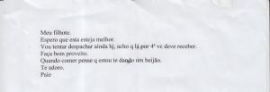 Bilhete enviado a Joziane pela família, junto com a encomenda postada mensalmente de Santa Maria para São Paulo.