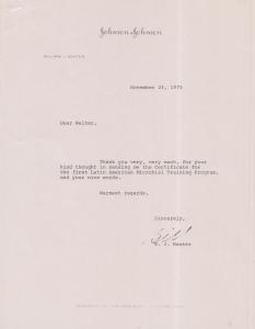W. J. Baxter agradece a Walter Pohl pelo recebimento do certificado do primeiro Latin American Microbial Training Program.