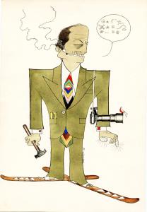 Caricatura de Mário da Costa Braga. Representa as múltiplas atividades dele: marceneiro, esquiador e fotógrafo.