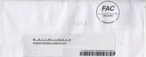 As correspondências da depoente agora chegam no novo endereço: o da casa nova recém-comprada! Esta é uma das primeiras correspondências recebidas no endereço novo.