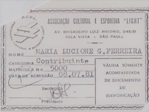 Maria Lucione ingressou na Acel em 1979, foi diretora de jogos de salão, diretora de obras e diretora de patrimônio. Lucione fez parte da seleção de vôlei da ADC em 1979-1980 nos jogos externos. É a sócia n 5000. Assinatura de Alberto Takeo Shimabukuro.