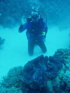 José Trudo mergulhando na Grande Barreira de Coral e admirando as conchas gigantes de Tridacna gigas.