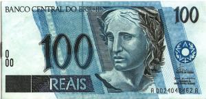 Folder de propaganda feito pelo Banco da Bahia, no formato de uma nota de cem reais, de um programa de crédito fácil ao trabalhador.