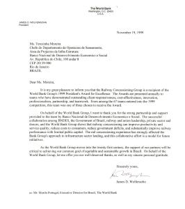 Carta oficial notificando que o projeto das concessões ferroviárias, no qual trabalhou e recebeu 1 prêmio do banco mundial