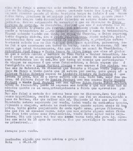 Carta anônima enviada à Archimedes relatando comicamente a viagem à pousada do Rio Quente realizada através do programa de integração Família ABC. Ele acredita ter sido escrita por Athayde Barata.