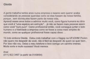 Gleide recebeu uma carta de despedida da empresa de uma colega de trabalho. Trouxe-a para o museu porque ela ilustra bem o que é a 