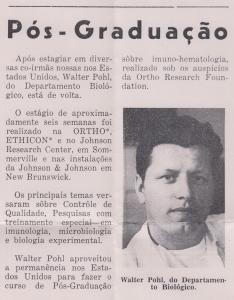 Matéria do Johnson & Johnson em revista sobre o retorno de Walter Pohl ao Brasil após sua participação em um estágio e a conclusão de pós-graduação nos Estados Unidos.