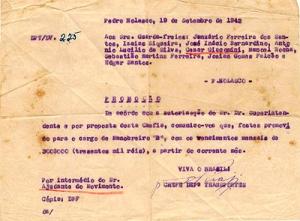 Promoção de César Giacomim ao cargo de manobreiro da EFVM. Pedro Nolasco, 1942.